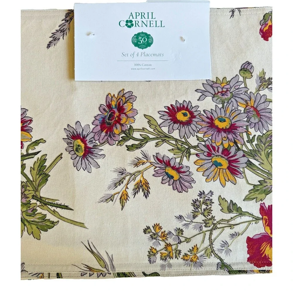 April Cornell Placemats Wildflower Beige Set of 4 100% Cotton 14x19 Thanksgiving